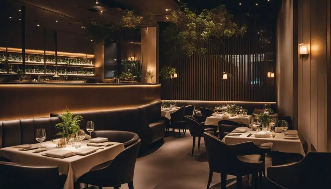 A stylish restaurant featuring black leather booths and tables, perfect for an elegant dining experience in Singapore.