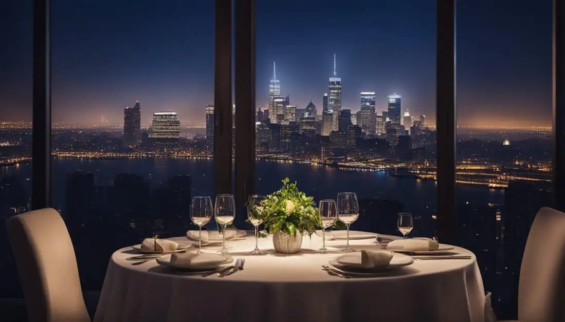 A romantic table for two overlooking the stunning Singapore city skyline, perfect for a date night setting.