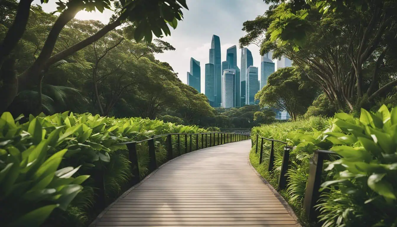 A scenic walkway in a park, framed by tall buildings, showcasing the urban beauty of Singapore's walking routes.