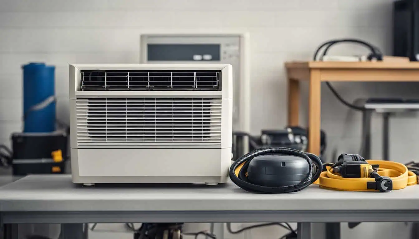 A small air conditioning unit on a table next to servicing tools, showcasing premium aircon servicing options in Singapore.