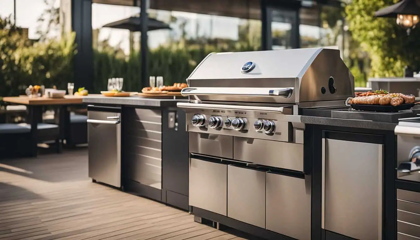 A stainless steel grill on a deck beside a table, showcasing an ideal outdoor cooking setup for BBQ enthusiasts.