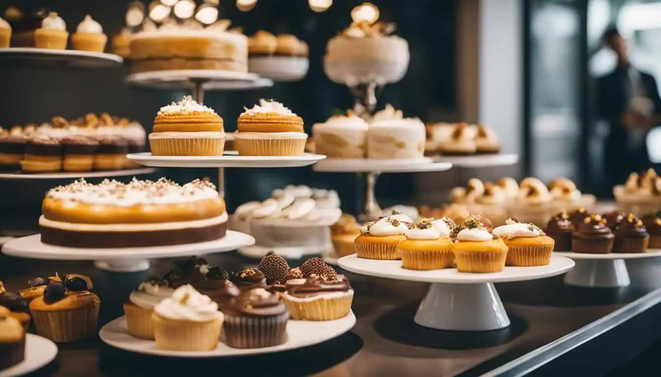 A variety of cakes displayed in a bakery, showcasing the top cake shops in Singapore with vibrant colors and designs.
