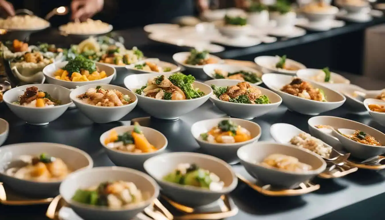 A lavish buffet table featuring a variety of exquisite dishes, showcasing top catering services for events in Singapore.