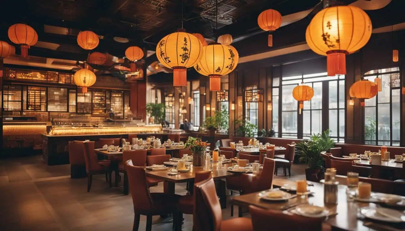 A beautifully arranged restaurant in Chinatown, Singapore, featuring tables and chairs set for an elegant dinner service.
