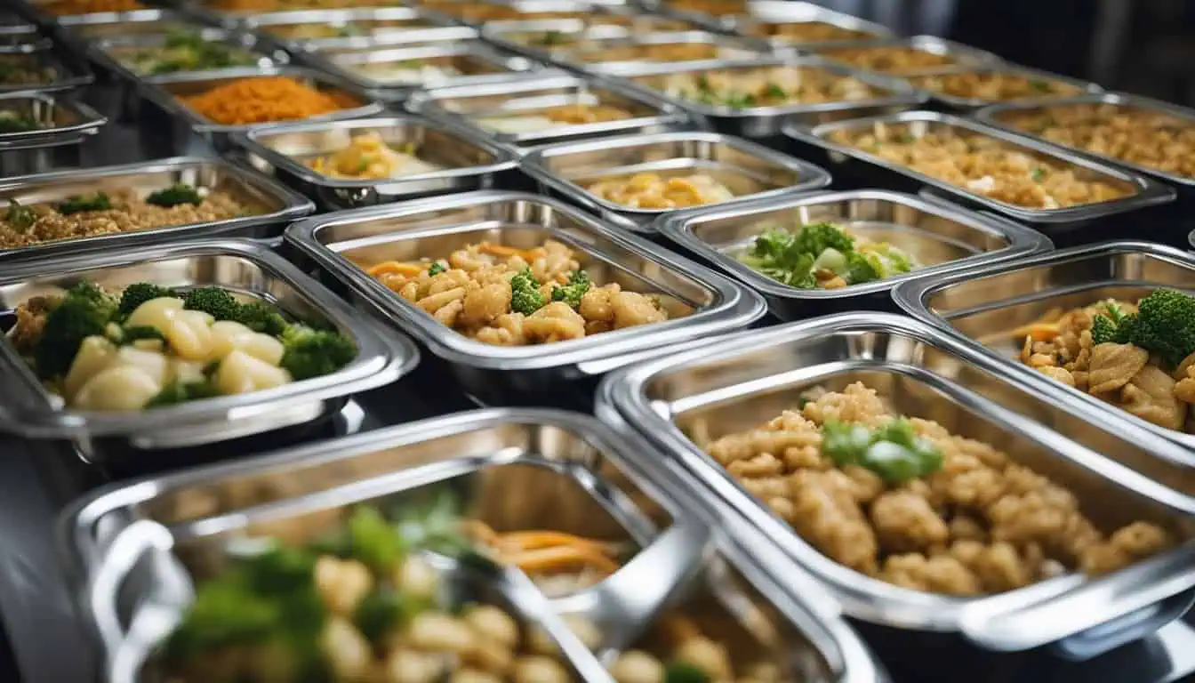 A variety of delicious foods displayed in metal containers, showcasing the offerings of a top Chinese catering service in Singapore.