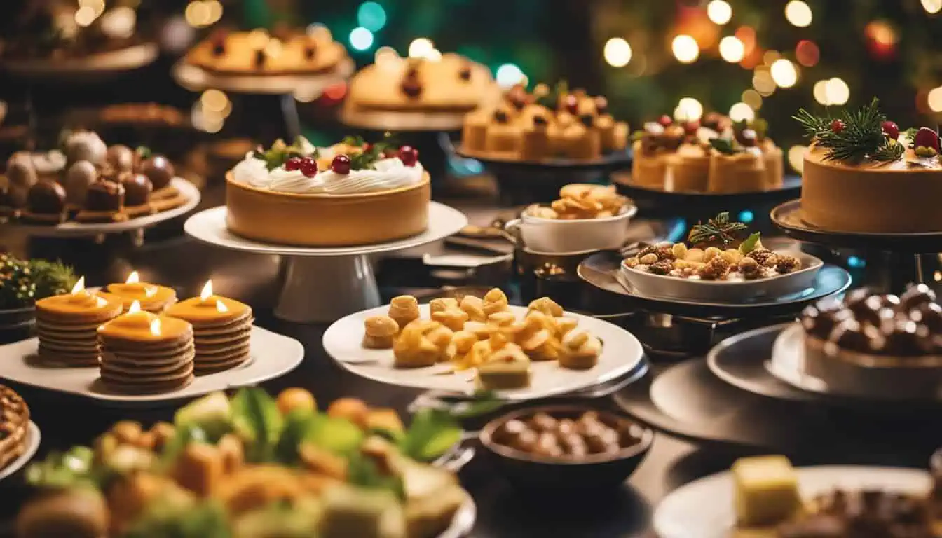 A table set for a Christmas buffet, showcasing an assortment of desserts illuminated by soft candlelight, inviting holiday cheer.