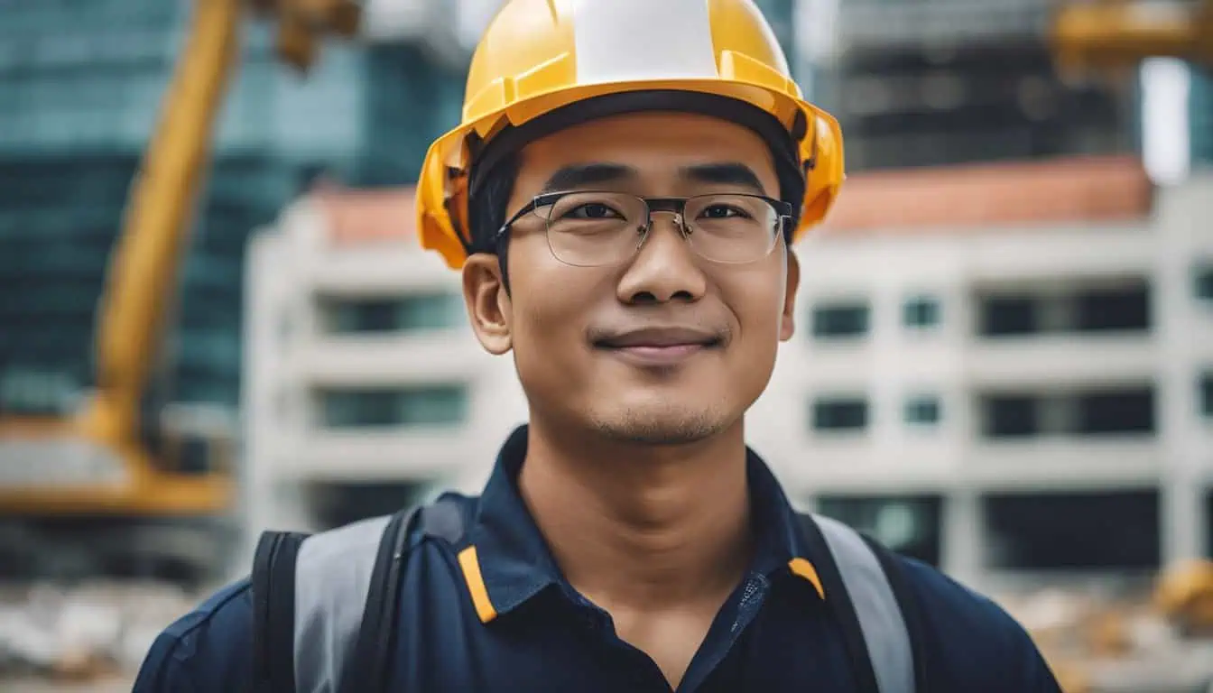 Asian male construction worker wearing a hardhat and glasses, representing top contractors in Singapore.