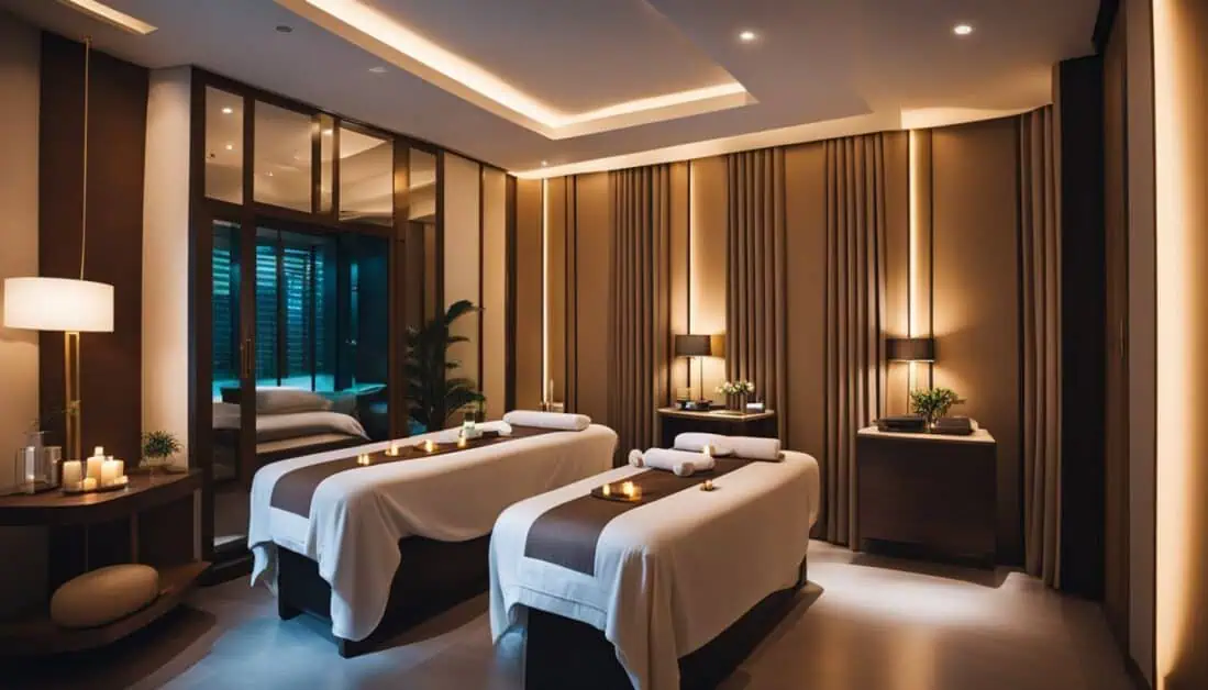Tranquil spa room with two massage beds and flickering candles, ideal for couples enjoying a rejuvenating experience in Singapore.