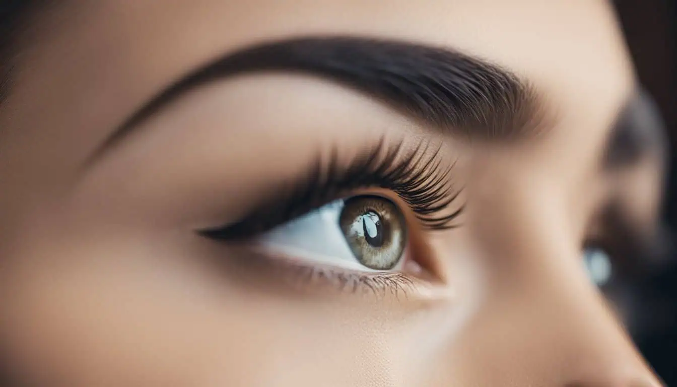 Close-up of a woman's eye showcasing long eyelashes, highlighting beauty trends from top eyebrow embroidery clinics in Singapore.