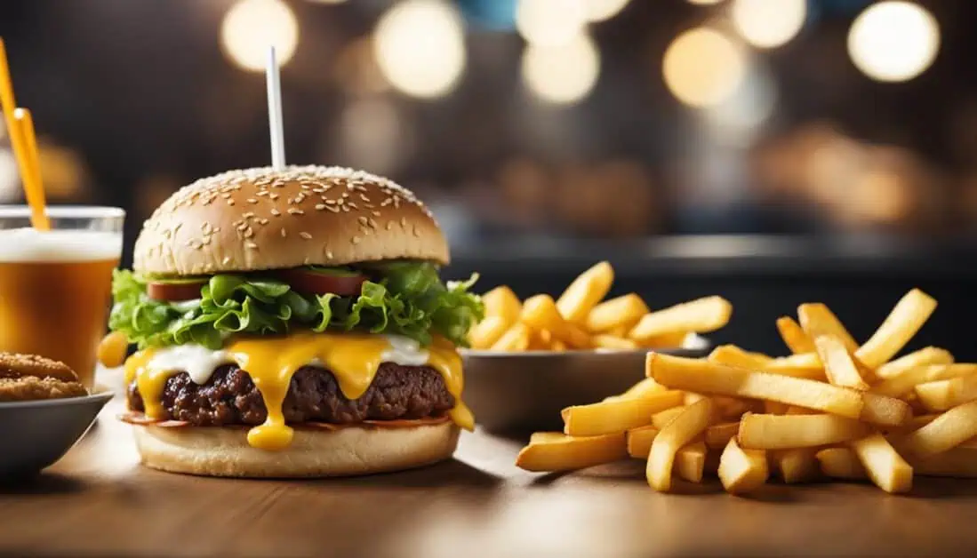 A classic hamburger with a side of fries displayed on a table, representing Singapore's best fast food restaurants.