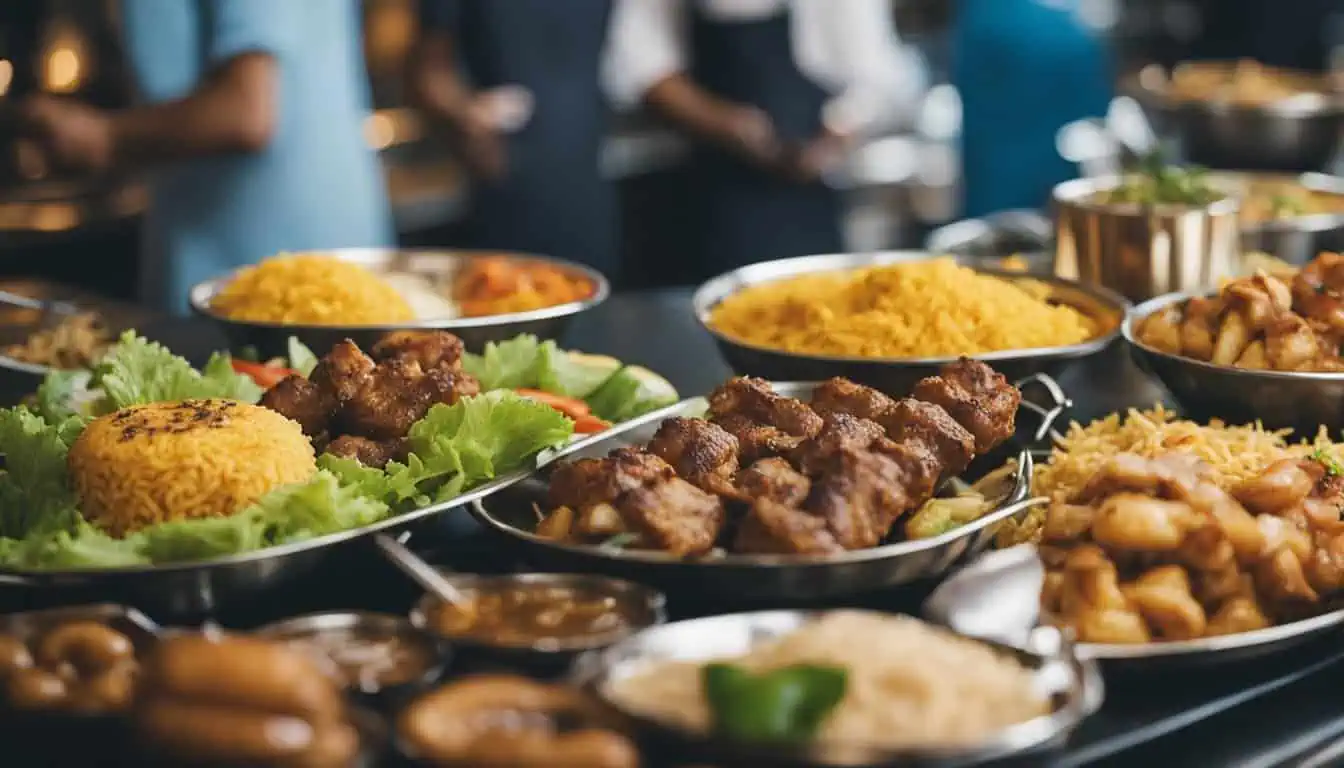 A colorful buffet filled with numerous Halal food selections, representing the diverse dining culture in Singapore.
