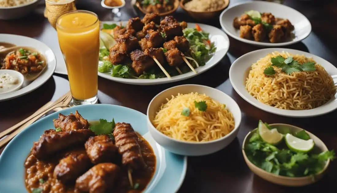 A beautifully arranged table featuring numerous plates of Halal cuisine and drinks, highlighting Singapore's top culinary offerings.
