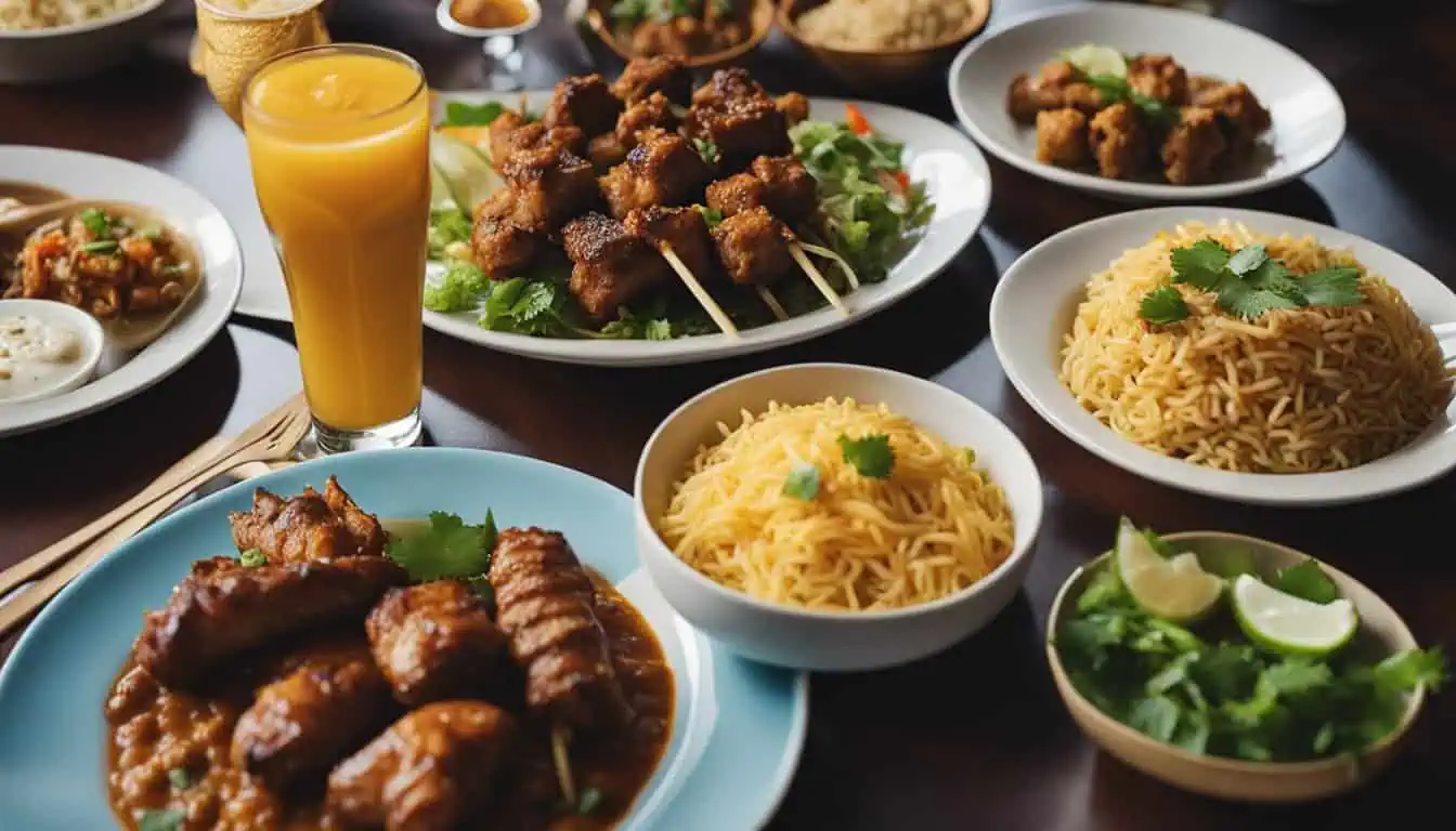 A beautifully arranged table featuring numerous plates of Halal cuisine and drinks, highlighting Singapore's top culinary offerings.