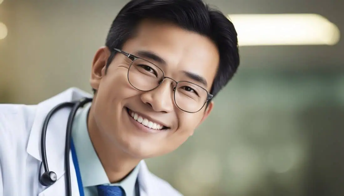 A smiling male doctor in a white coat, representing top homeopathy clinics in Singapore, exuding professionalism and care.