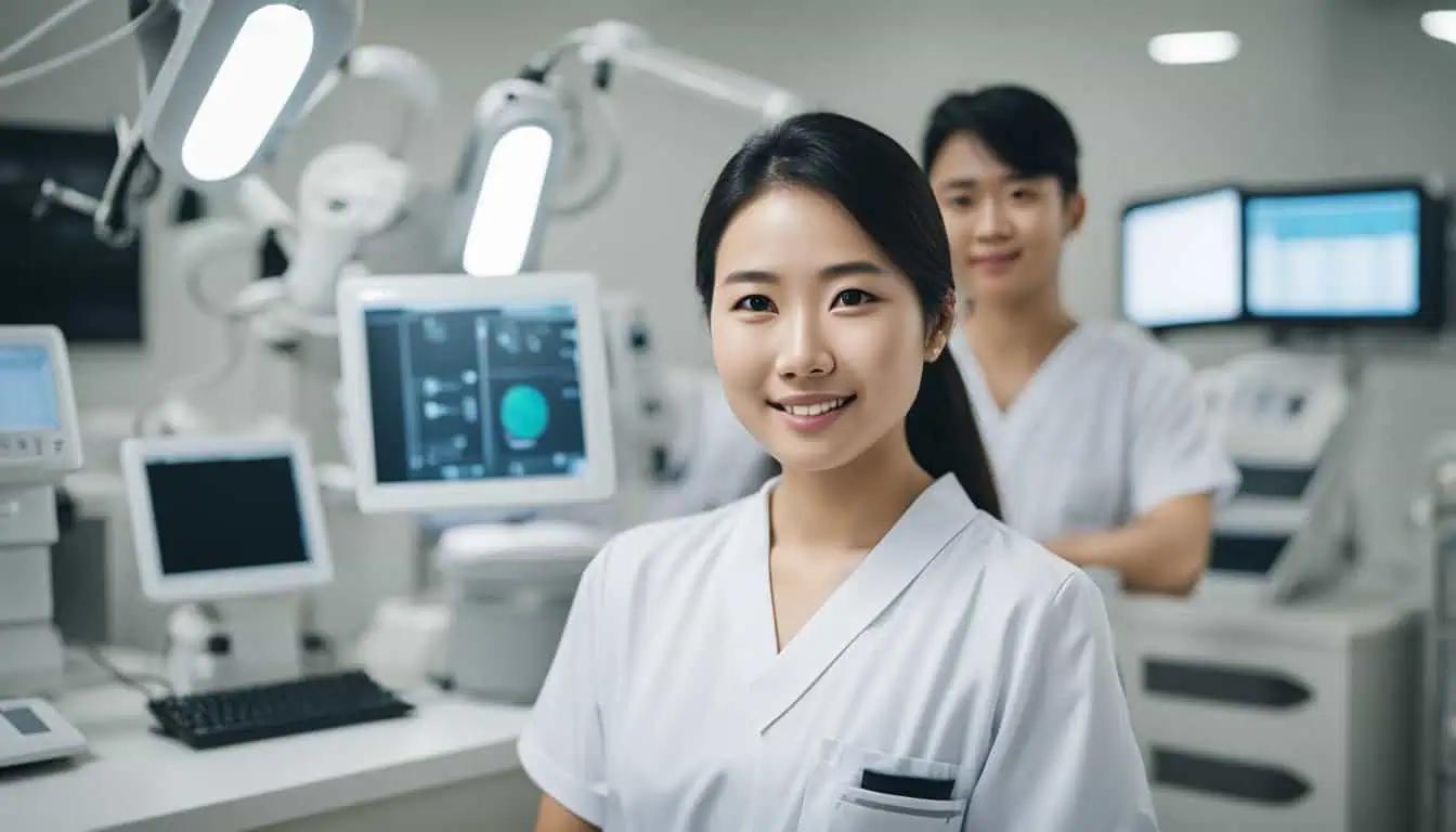 Two assistants assist a doctor in an operating room at an IPL clinic, focused on patient care and procedures.