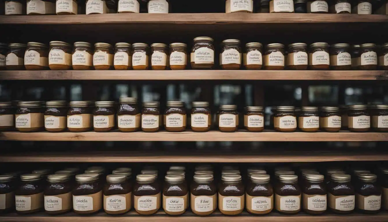 Shelves brimming with jars of diverse food items, showcasing the best Kaya jam shops in Singapore.
