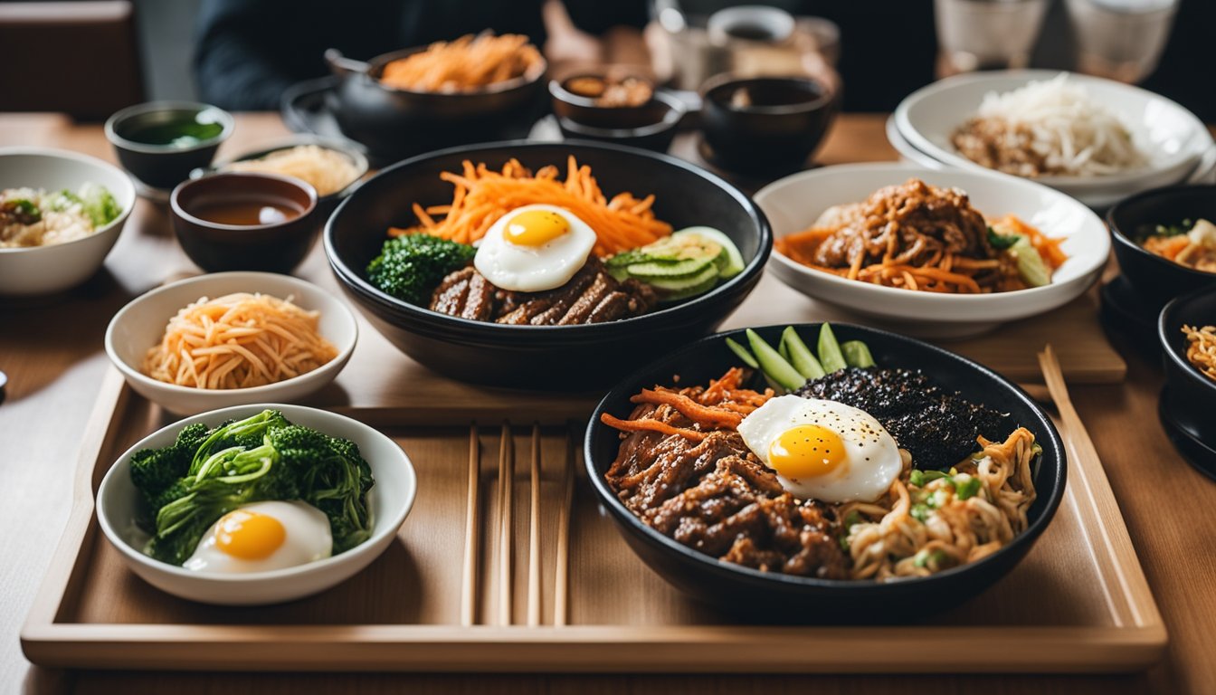 A table set with various bowls of Korean dishes and a single egg, showcasing the vibrant dining scene in Tanjong Pagar, Singapore.