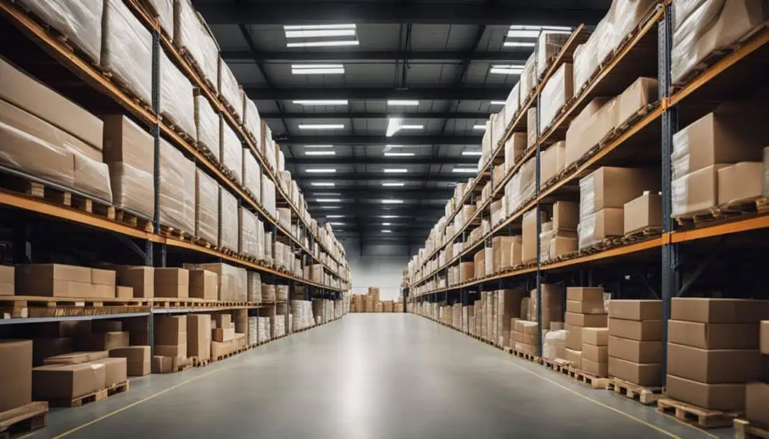 A spacious warehouse filled with neatly stacked boxes and shelves, showcasing logistics efficiency in Singapore.
