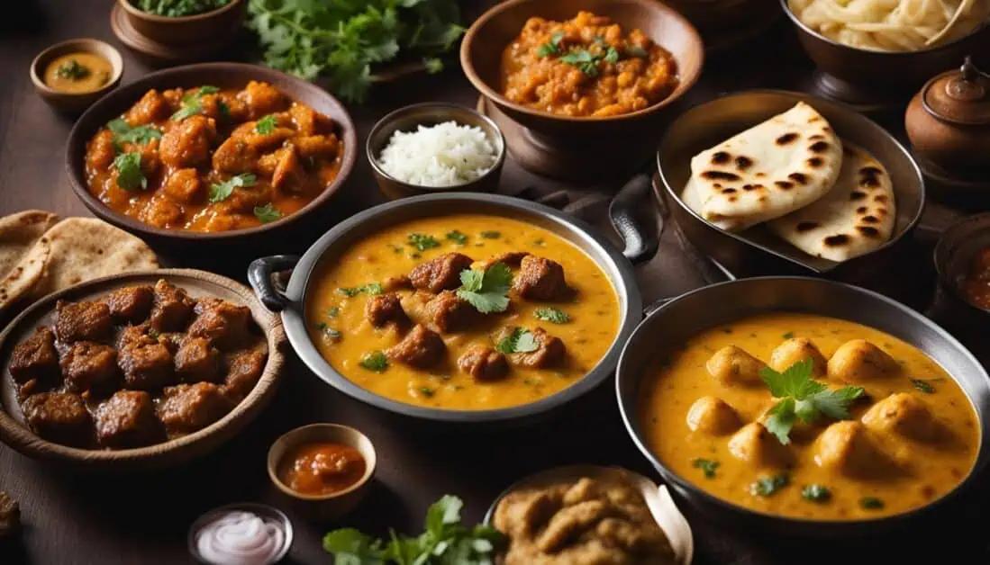 An assortment of North Indian dishes served on a plate, with bowls of complementary foods in a restaurant ambiance.