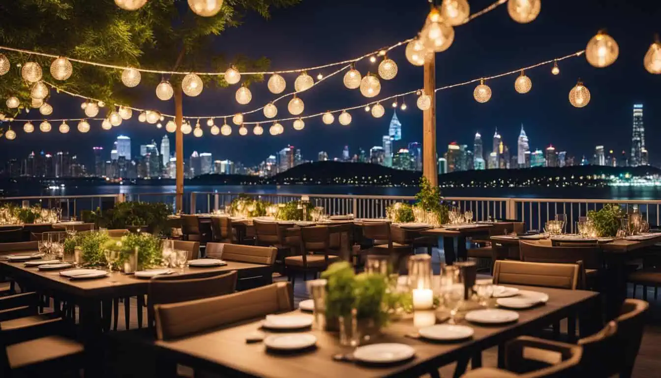 A charming outdoor dining space in Singapore, featuring beautifully strung lights that enhance the dining experience.