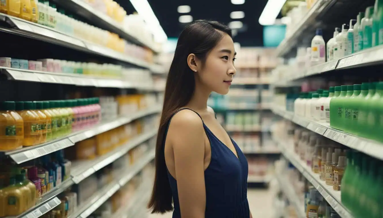 A woman stands in a supermarket aisle surrounded by various juice bottles, showcasing a vibrant shopping experience.