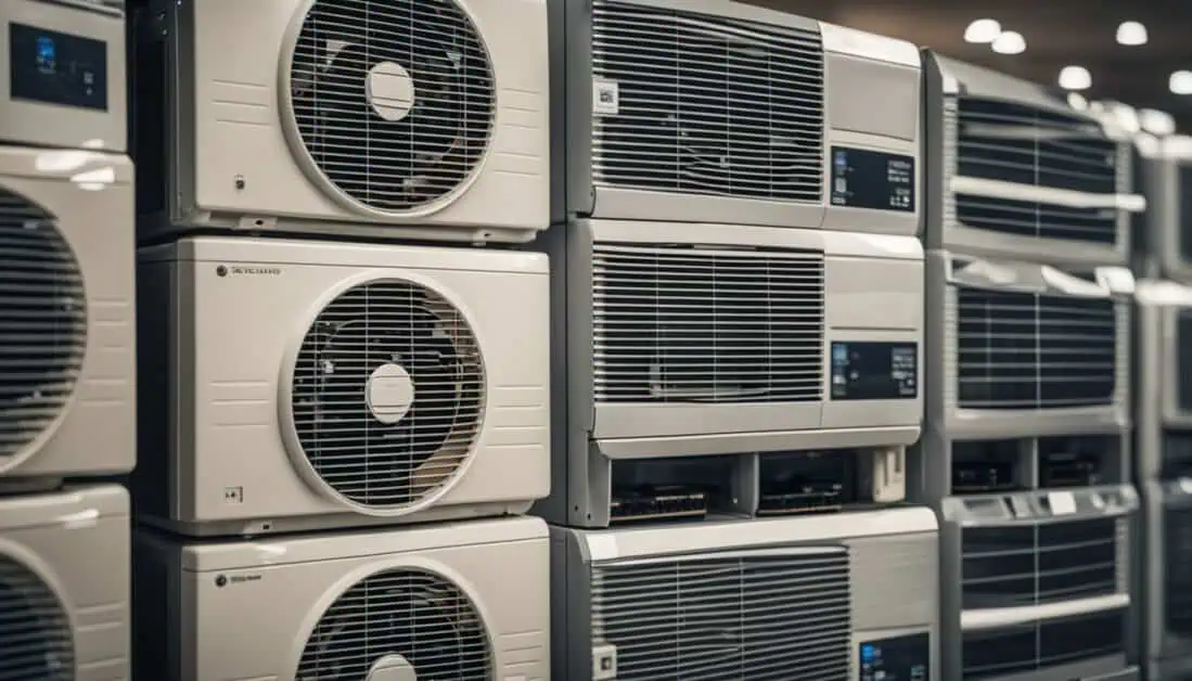 A selection of air conditioners displayed in a warehouse, highlighting top purchasing locations in Singapore.