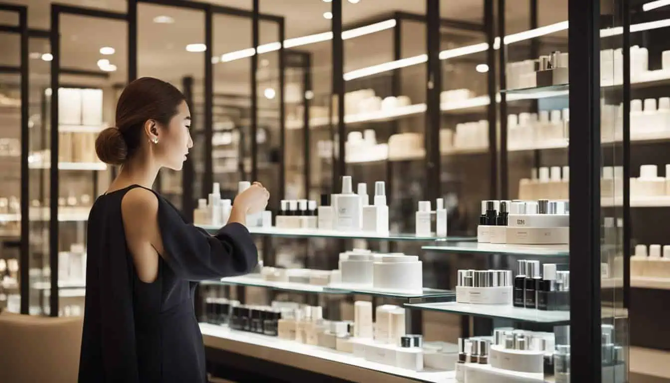 A woman examines cosmetics in a store, exploring top places for branded skincare in Singapore.