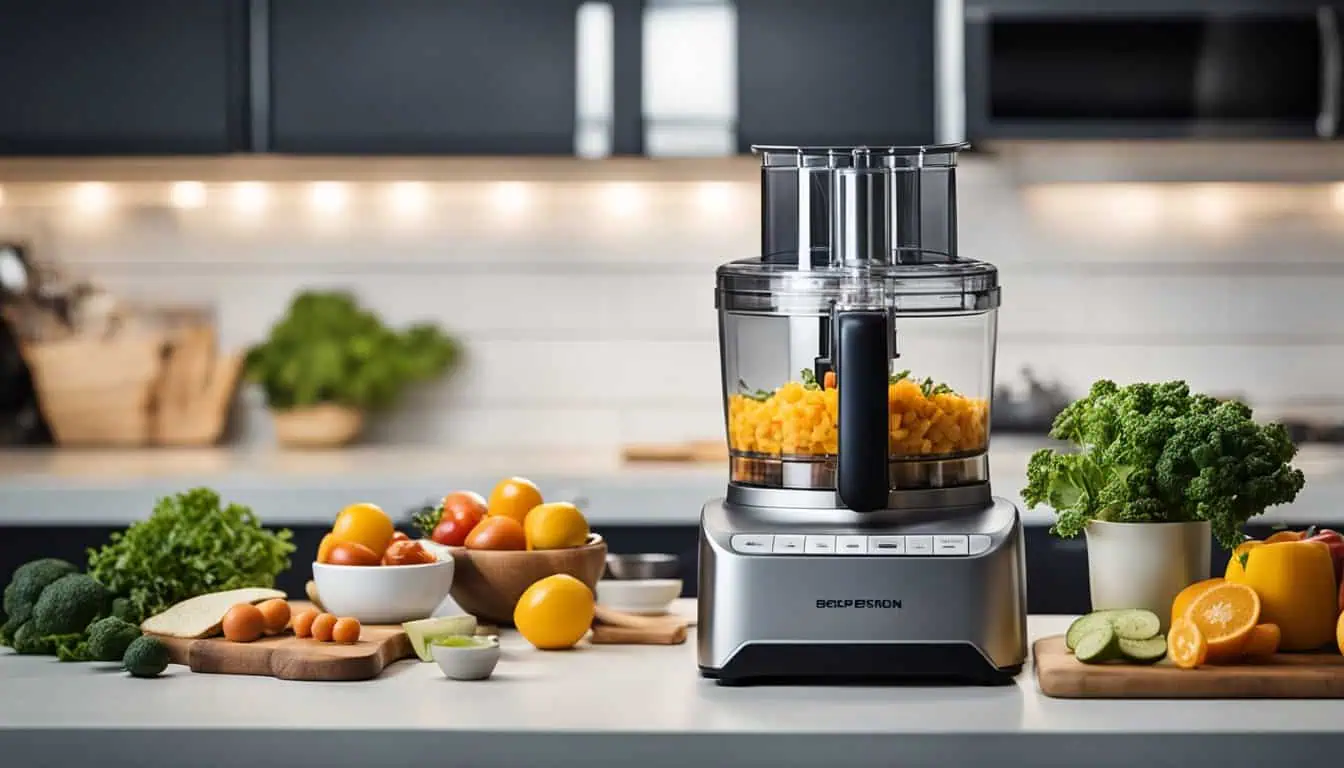 A food processor surrounded by an assortment of fresh fruits and vegetables, showcasing its versatility in food preparation.