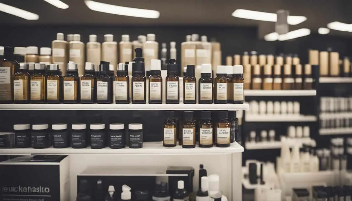An organized store displaying numerous bottles of hair products on shelves, featuring treatments for hair loss in Singapore.