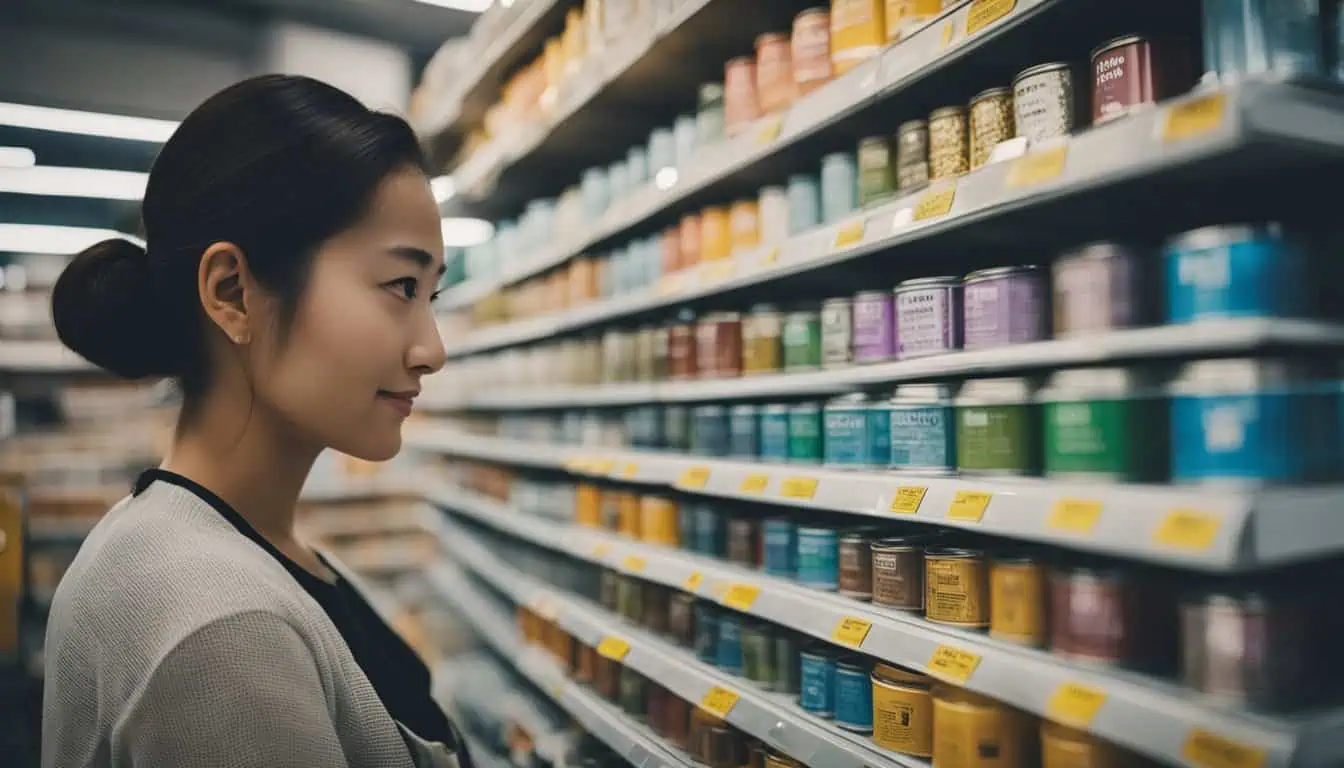 A woman examines a shelf filled with various paint cans, exploring options for interior painting in Singapore.