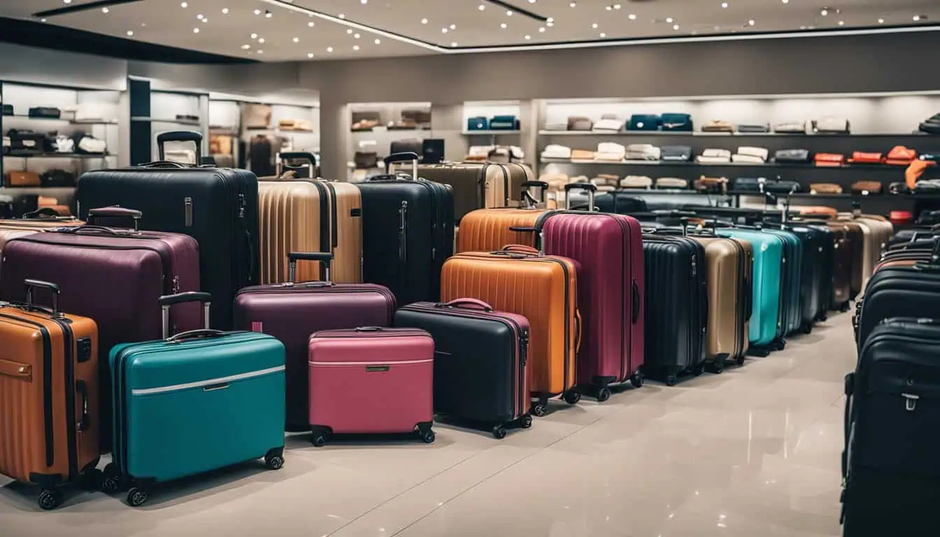 A large collection of suitcases displayed in a store, showcasing various styles and colors for travelers in Singapore.