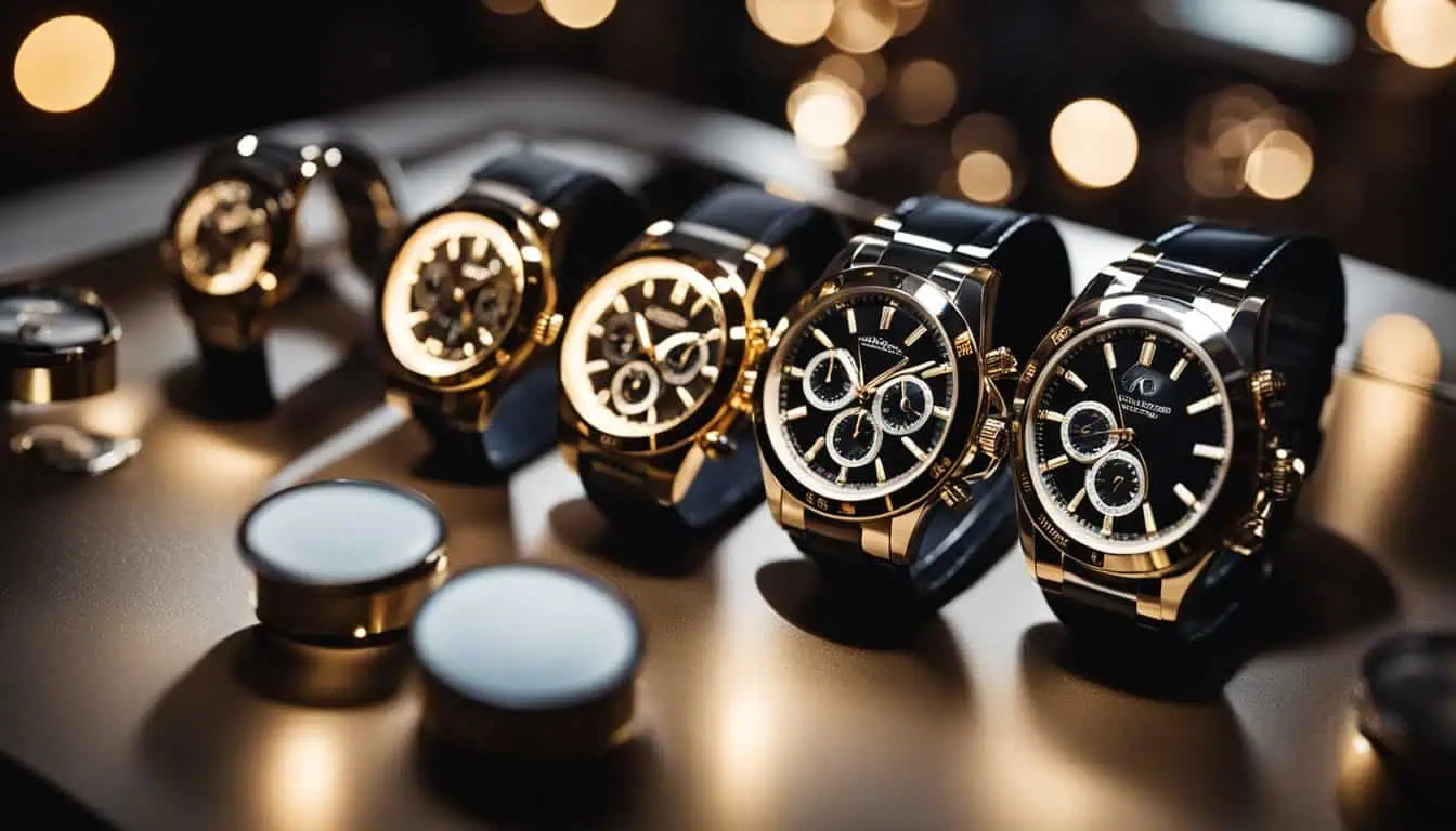 A collection of five luxury watches arranged on a table, highlighting the finest options available in Singapore.