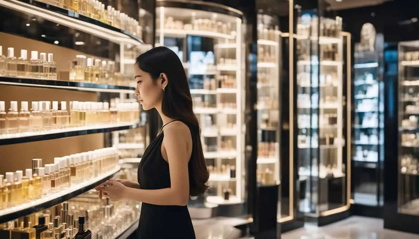 A woman examines various perfume bottles in a store, showcasing the diverse selection available in Singapore.