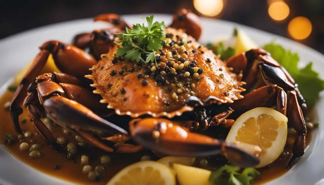 A plate featuring a crab garnished with lemon slices, representing a must-try dish at Singapore's renowned black pepper crab eateries.