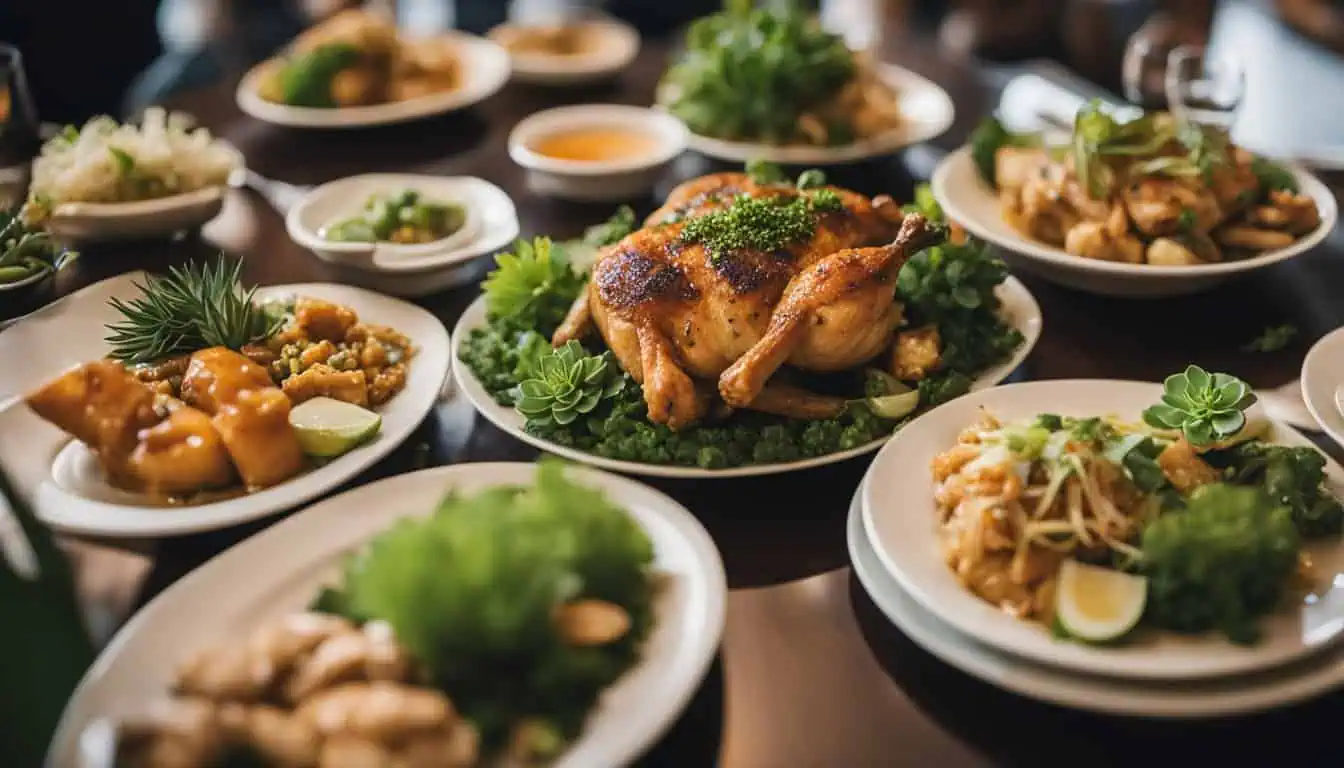 A table laden with various plates of chicken dishes, showcasing Singapore's top culinary offerings.