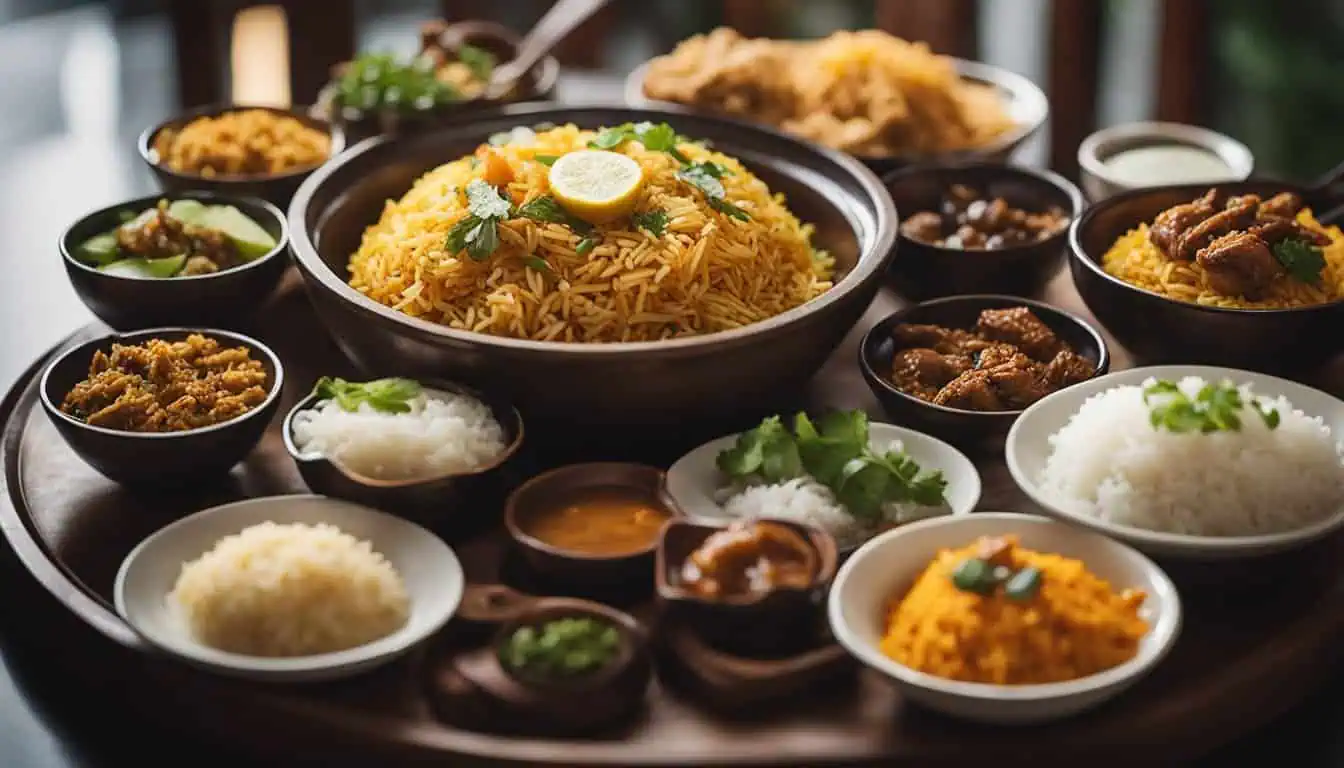 A wooden table displaying various bowls of Indian food, highlighting the vibrant colors and textures of the dishes.