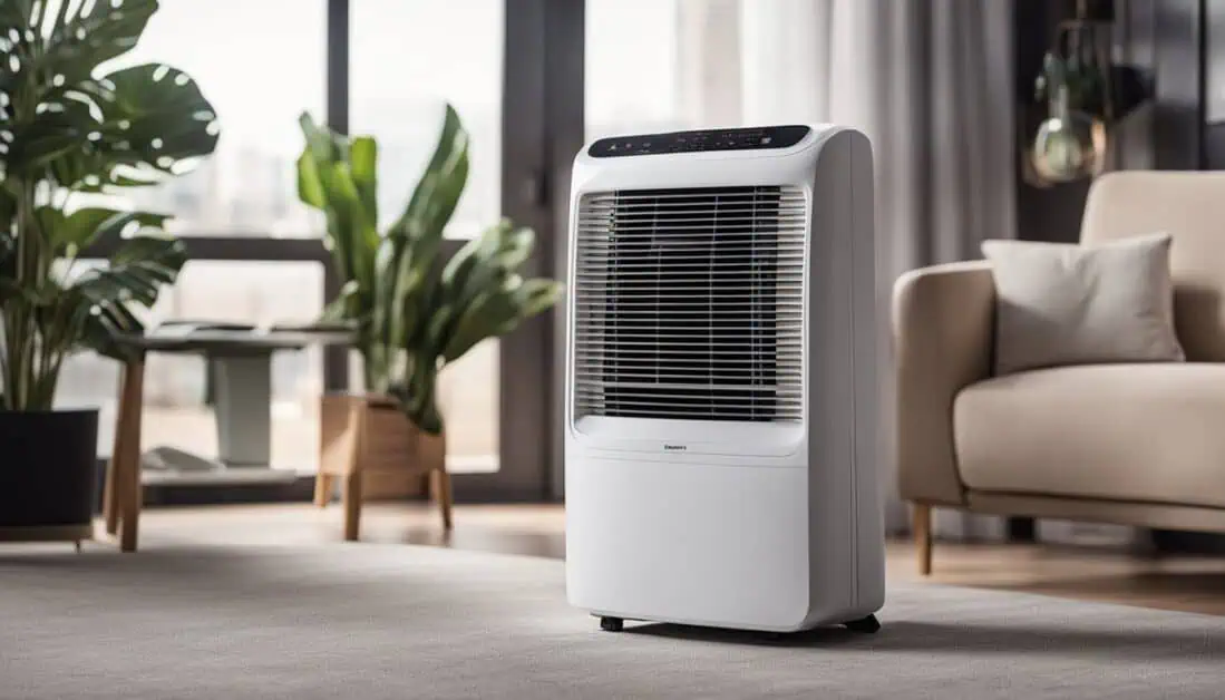 A white air conditioner positioned in a modern living room, providing comfort in a stylish setting.