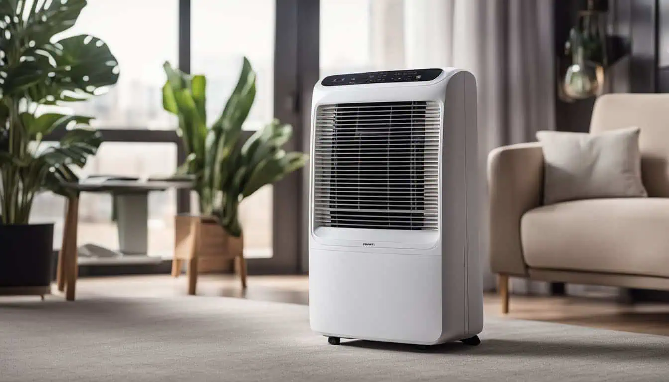A white air conditioner positioned in a modern living room, providing comfort in a stylish setting.