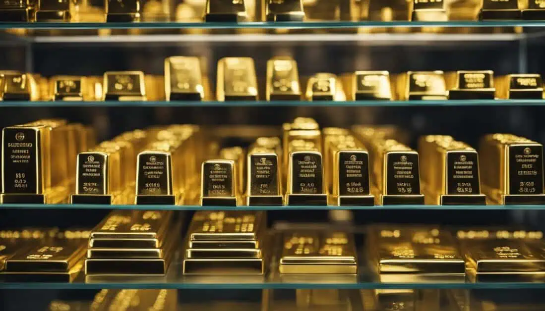 Gold bars elegantly displayed in a glass case, showcasing their value and allure for potential buyers in Singapore.
