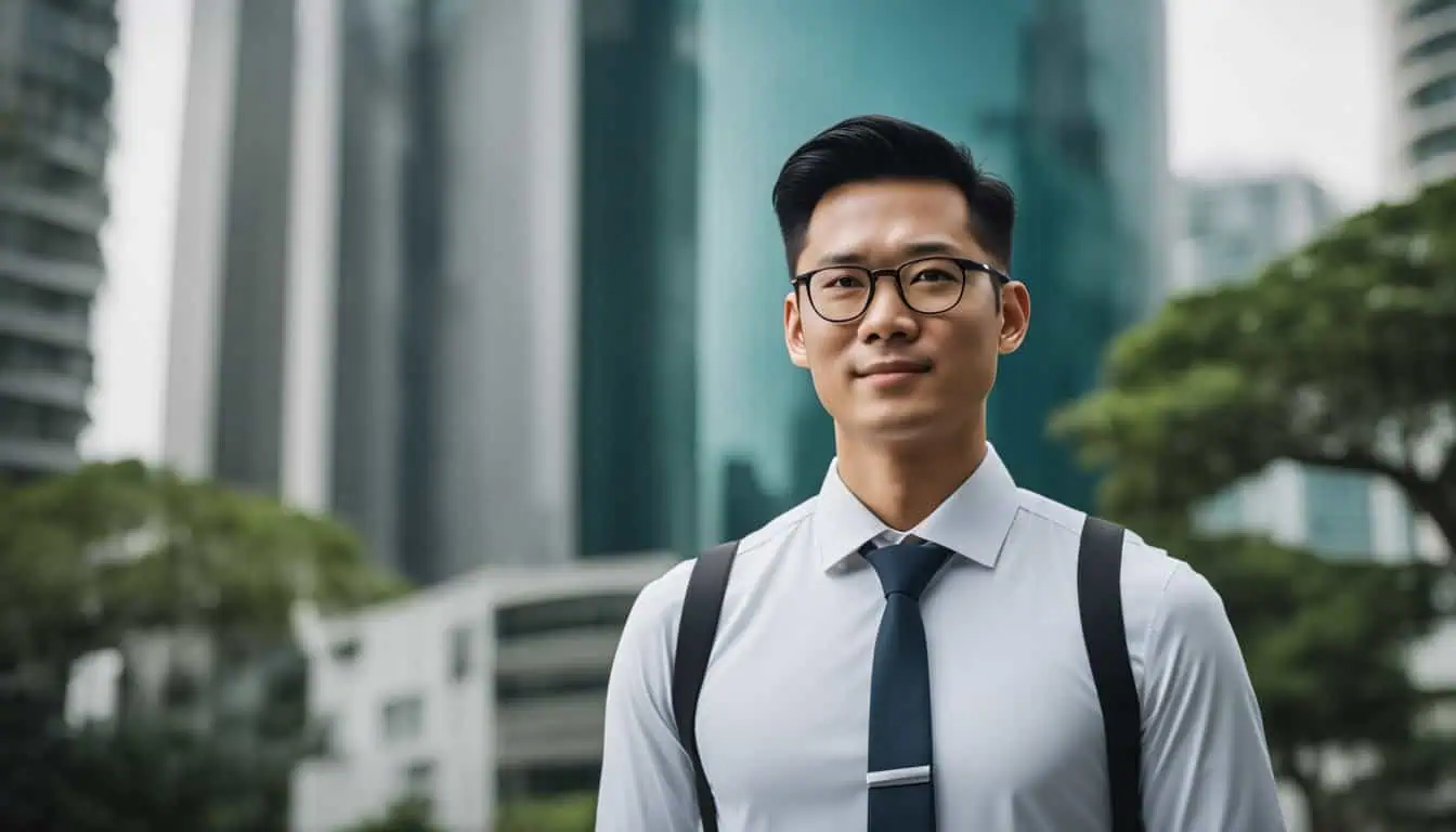 Asian businessman in glasses and tie stands confidently before city buildings, representing top real estate agents in Singapore.