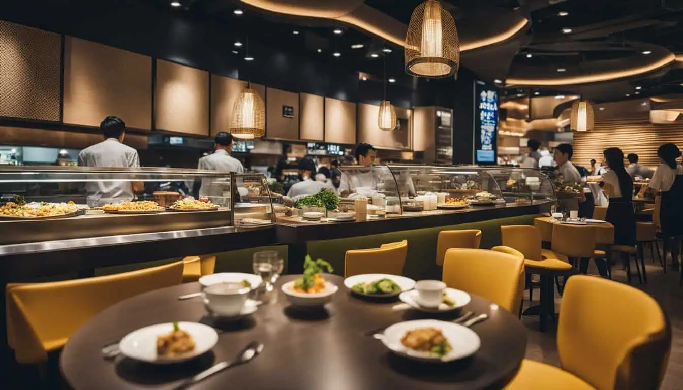 A bustling restaurant in Funan Mall, Singapore, featuring numerous tables and chairs for diners to enjoy their meals.