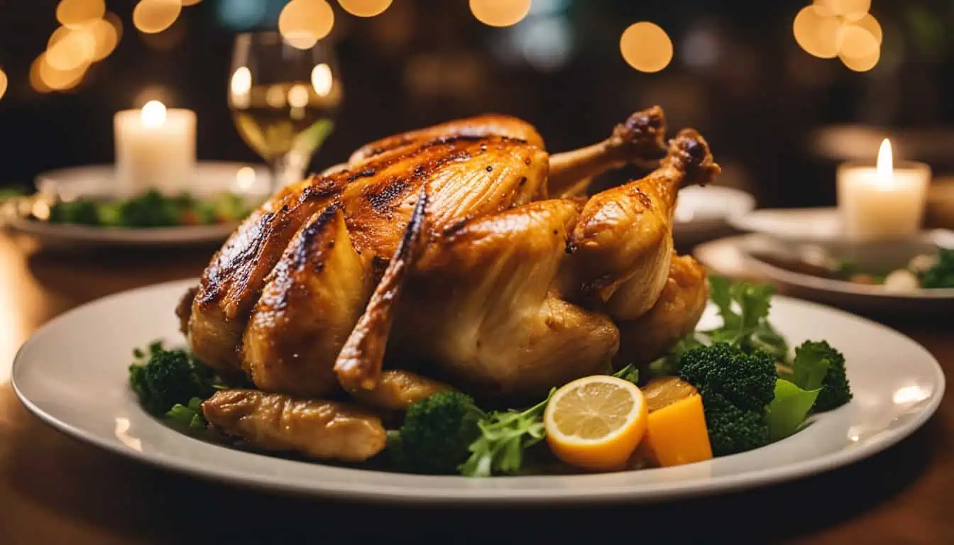 A beautifully roasted turkey on a plate, accompanied by fresh vegetables and a slice of lemon, showcasing a festive meal.