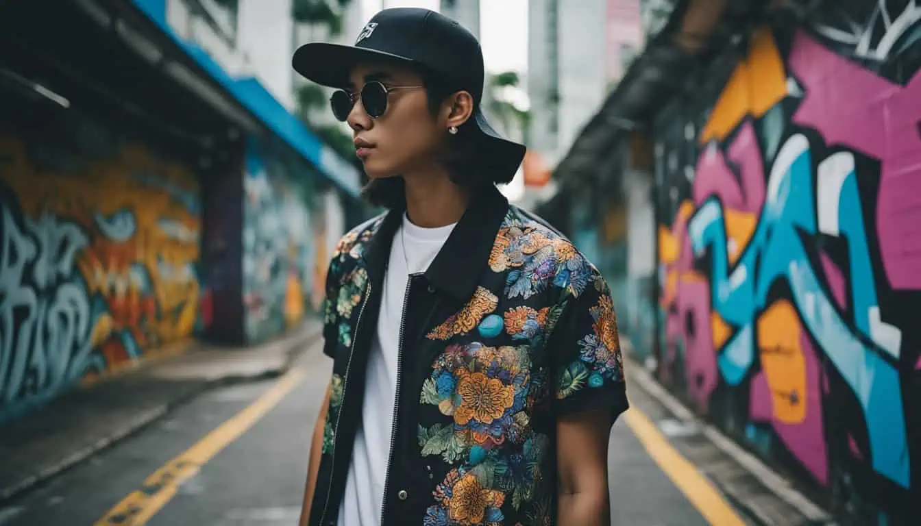 A stylish man dons a floral shirt and sunglasses, standing before colorful graffiti, representing Singapore's streetwear scene.