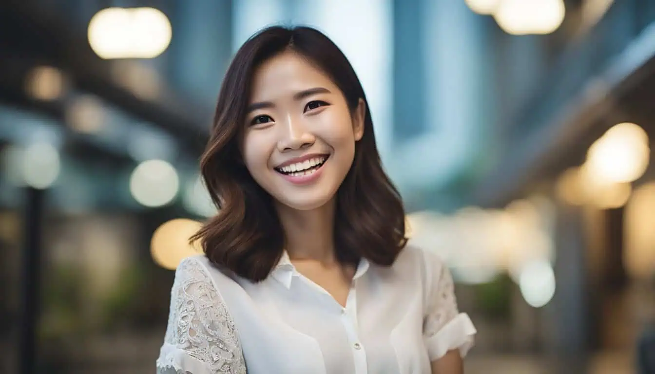 Asian woman smiling in an urban setting, representing the leading teeth whitening service provider in Singapore.