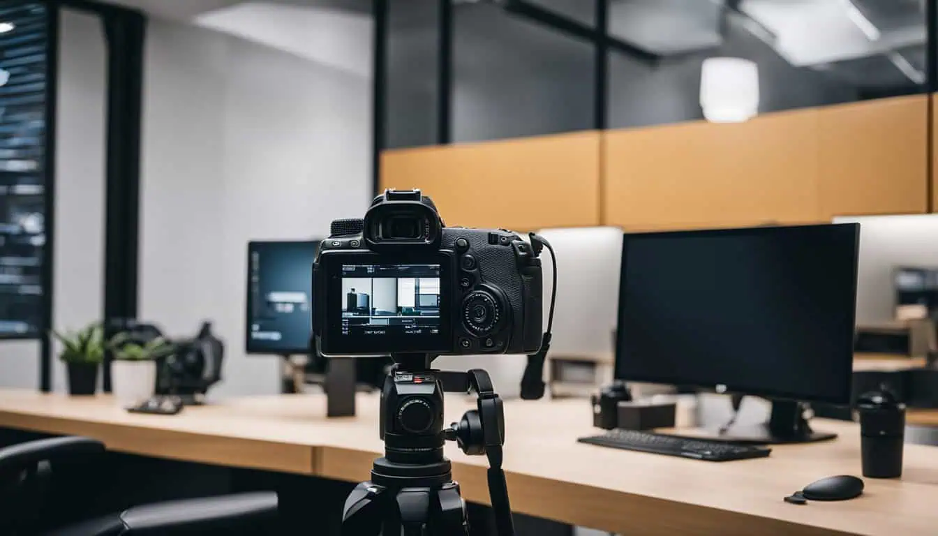 A camera mounted on a tripod positioned in front of a desk, showcasing a professional videography setup in Singapore.