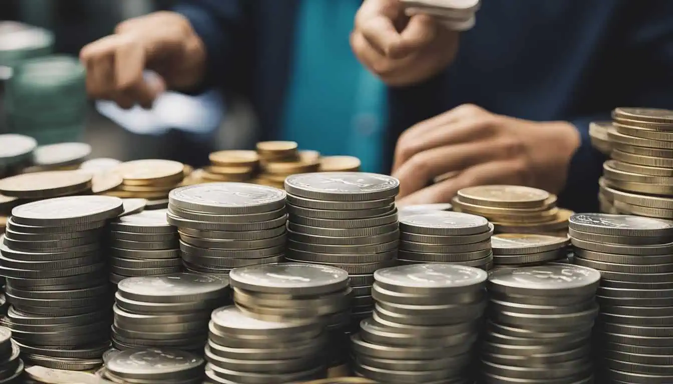 A person counts a pile of coins, representing trusted money changers with competitive rates in Singapore.