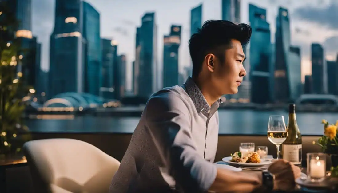 A man at a table with wine, gazing at the vibrant city view, showcasing Singapore's unique dining atmosphere.