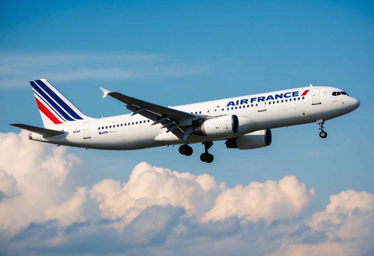 An airplane with the Air France logo flying through a clear blue sky, with clouds in the background