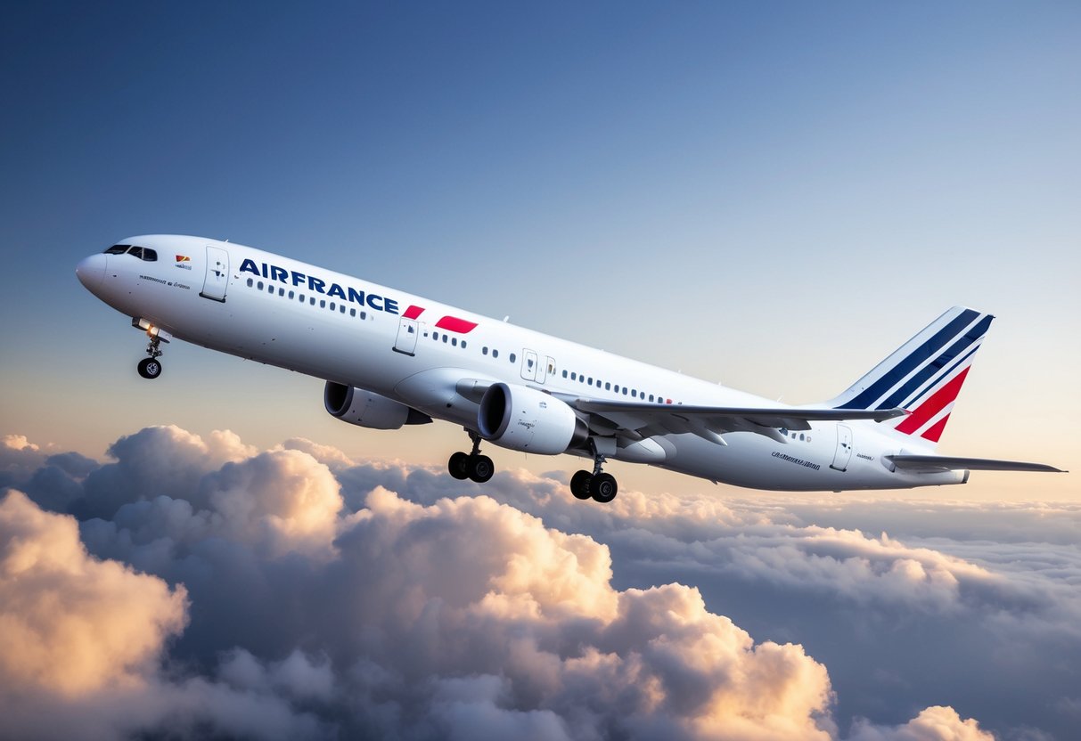 A vibrant airplane soaring through the clouds, with the Air France logo prominently displayed on its tail fin
