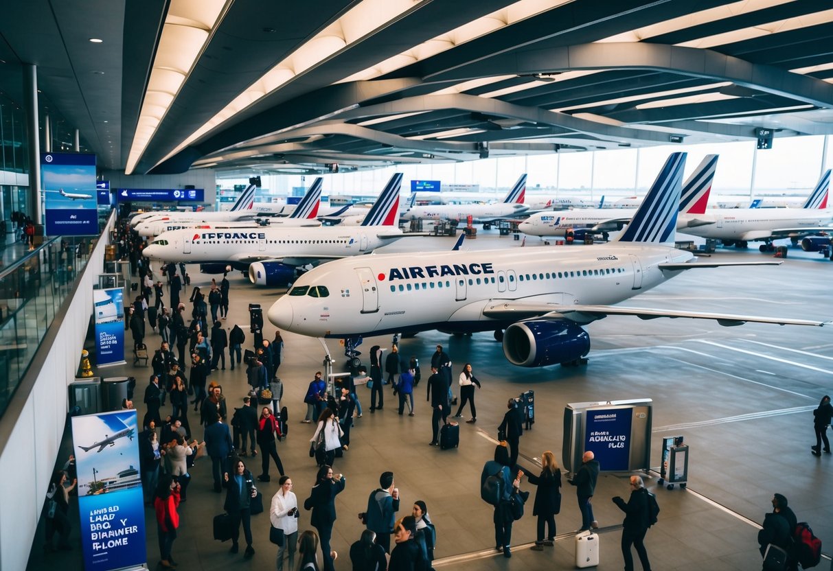 A bustling airport terminal with Air France planes lined up on the tarmac, surrounded by excited travelers and promotional banners